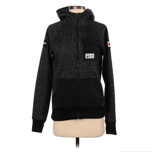 Roots Canada Apres Ski Shell Jacket Hoodie Small Heathered Black White - Picture 1 of 12